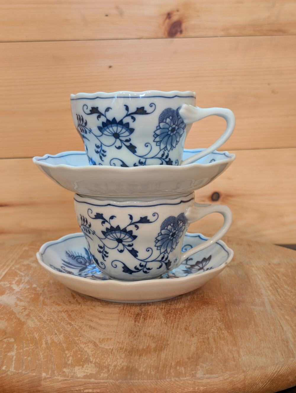 Blue Danube Blue Onion Coffee Cups & Saucers Set of 2 Ribbon Logo Japan - 1950s
